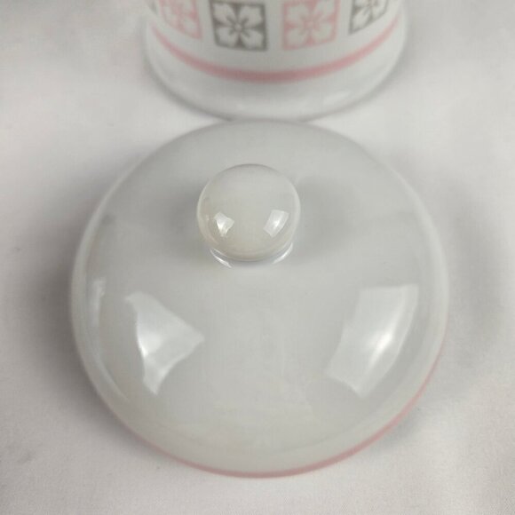 Vintage Porcelain Apothecary Jar White Pink Gray Pattern with Pink Stripe Accent - Picture 3 of 12